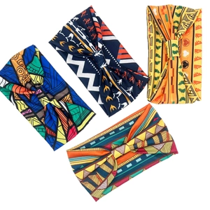 Set of four elastic bohemian African print headbands with knot detail for yoga and sports