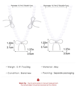 Detail showing pearl bow choker necklace measurements and silver alloy ribbon charms