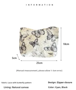 Lace butterfly cosmetic bag dimension details with canvas lining and zip closure