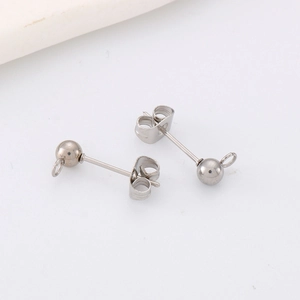 Pair of silver stainless steel ball stud earrings for DIY jewelry making with loop rings