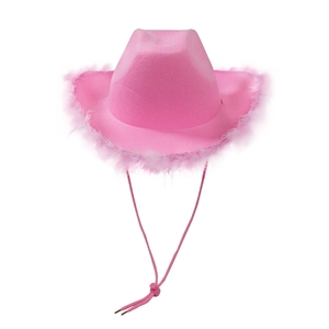 Pink western cowboy hat with wide feathered brim and adjustable chin strap for women