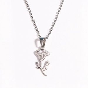 Detail of silver flower pendant necklace crafted from durable stainless steel