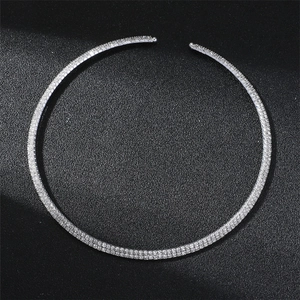 Minimalist silver choker necklace with double rows of sparkling rhinestones on black leather