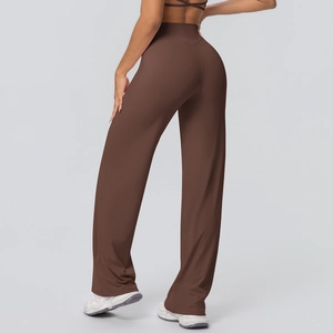 Detail of high waisted wide leg yoga pants in coffee brown with breathable brushed fabric