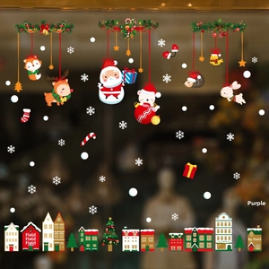 Christmas Window Static Cling Stickers PVC Removable Cartoon Santa Reindeer Snowflakes Holiday Glass Door Decoration