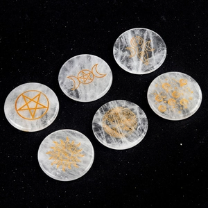 Set of six clear white quartz discs with gold engraved tree of life and moon symbols