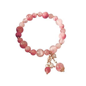 Pink strawberry crystal beaded elastic bracelet with gold charms and pearls for women