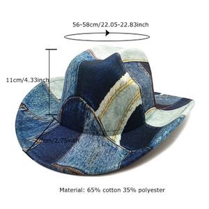 Denim patchwork western cowboy hat with sizing guide and cotton blend material specs