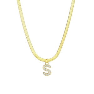 Gold snake chain necklace with zircon-studded letter S pendant in 18K gold plating