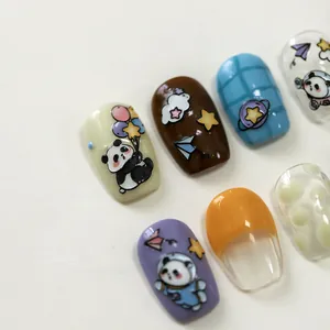 Close-up of cute 3D cartoon panda nail art stickers with colorful balloons and clouds