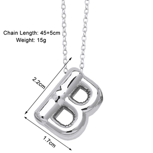 Silver letter B pendant necklace detail showing dimensions of 2.2cm x 1.7cm on 45cm chain