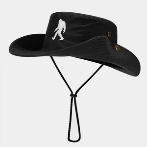Vintage Bigfoot Embroidery Bucket Hat Wide Brim Outdoor Fishing Sun Protection Hat With Adjustable Wind Rope
