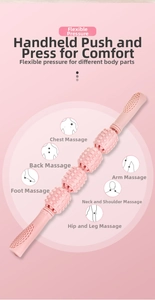 Pink foam roller stick showing icons for back, neck, arm, and leg massage applications