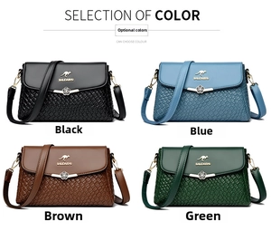 Close-up of four colors of women's crossbody bags with woven texture and floral buckle
