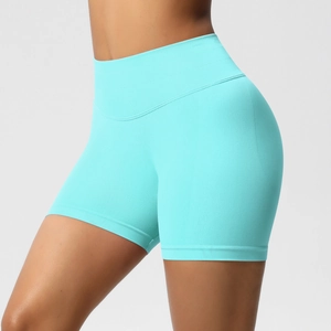 Détail du short de yoga sans couture bleu clair taille haute avec effet sculptant