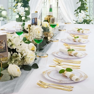 Elegant white disposable plastic tableware set with gold rim for wedding party decor