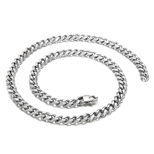 Polished silver stainless steel Cuban link chain necklace with lobster clasp on white background