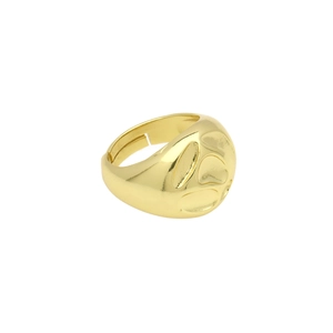 Detail of 18k gold plated adjustable ring featuring a unique hammered metal texture