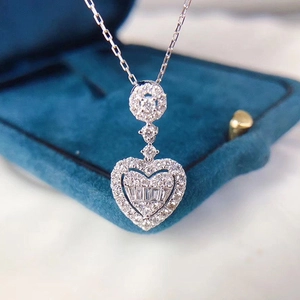 Heart Pendant Necklace Copper White Gold Plated Baguette Round Zircon Pave Elegant Jewelry For Women