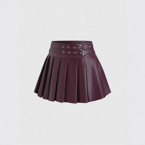 Classic burgundy PU leather pleated mini skirt with high waist and decorative buckles