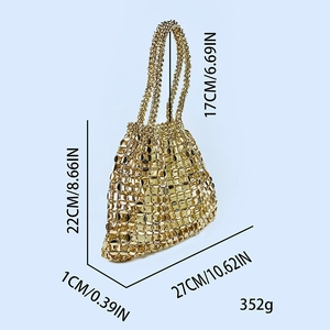 Detailed dimensions of the hollow woven gold sequin handbag with weight specifications