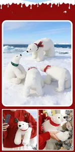 Detailed view of plush polar bears with festive red and green plaid Christmas scarves