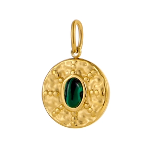 Vintage round pendant with green malachite gemstone and hammered gold texture finish