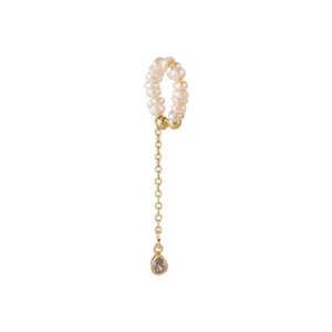 Detail of freshwater pearl ear cuff with golden tassel chain and crystal teardrop