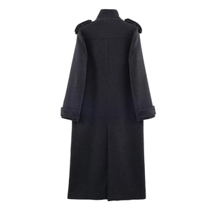 Rear view of a stylish long grey wool coat featuring a high collar and epaulettes