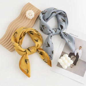 Silk-like floral scarf set featuring yellow and blue-grey lily of the valley patterns