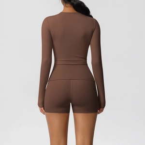 Women's dark brown brushed yoga set with long sleeve top and high waist shorts