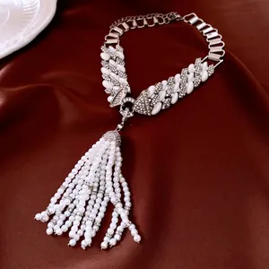 Vintage layered pearl tassel necklace with silver metal finish and luxury rhinestones