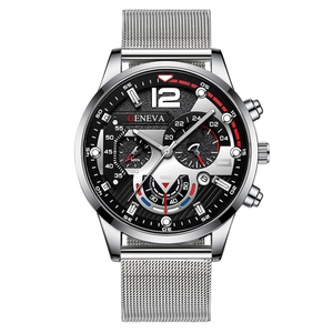 Fashion silver mesh band men's quartz watch with black luminous chronograph dial