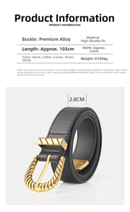Detail of black PU leather belt featuring a textured gold alloy pin buckle and dimensions