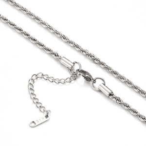 Detail view of silver rope chain with lobster clasp and K18 engraved metal tag