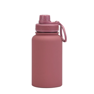 Detail of matte dark pink 650ml stainless steel sports bottle with portable handle loop