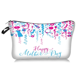 Macro detail of Happy Mother's Day digital print on white zipper travel makeup bag