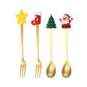 Christmas themed gold stainless steel spoon and fork set with 4 cute cartoon figurines