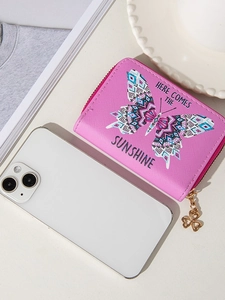 Pink PU leather mini wallet with butterfly pattern and zipper next to a smartphone