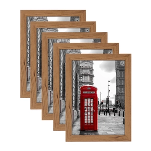 Set of 5 natural wood photo frames featuring London street scenes with red telephone boxes
