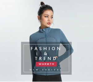 Close-up of slim-fit dusty blue yoga jacket featuring a stand collar and full-front zipper
