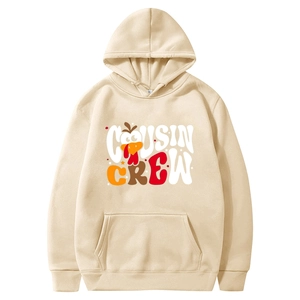 Unisex beige fleece hoodie with Cousin Crew turkey print and drawstring hood design