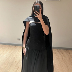 Elegant black strapless dress with matching long shawl, shown in a mirror selfie perspective