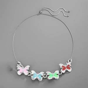 Silver pull-out chain necklace with four colorful butterflies in pink, blue, green, and red