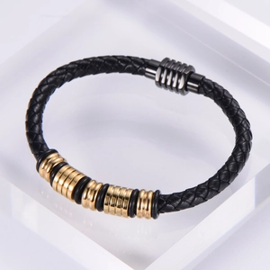 Men's black braided leather bracelet with 18k gold plated stainless steel magnetic clasp