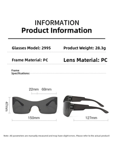 Detailed technical specifications and sizing chart for Y2K rimless sports sunglasses