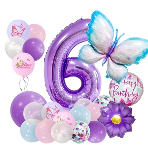 Detail of blue butterfly balloon set with purple number 6 and floral latex balloons