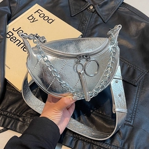 Women Crescent Crossbody Bag PU Leather Metallic Pleated Quilted Half Moon Shoulder Chest Bag Metal Chain Wide Strap
