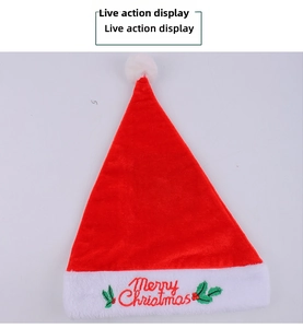 Close-up of Merry Christmas embroidery on red velvet Santa hat with plush trim