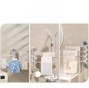 Rotating four-bar towel rack shown in balcony, bathroom, and vanity scenes